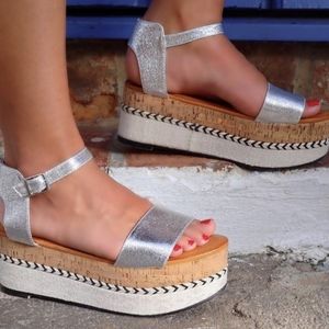 Menina Silver Metallic Cork Platform Sandals 8 Wedge Summer Festival